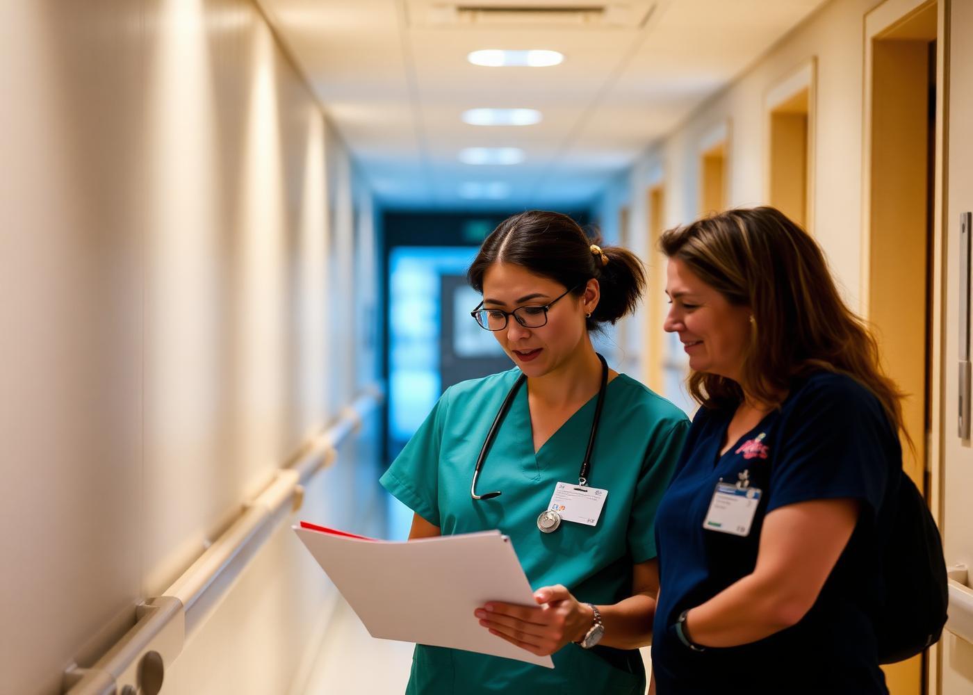Nurses reviewing notes in a hospital corridor